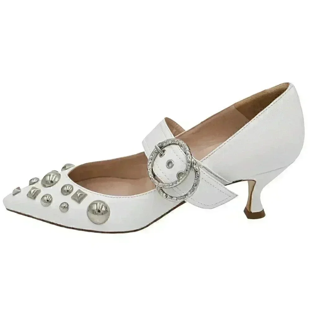 White Studded Pointed Toe Kitten Heel Pumps Size 38 Bridal Low‎ Heel Mary Janes